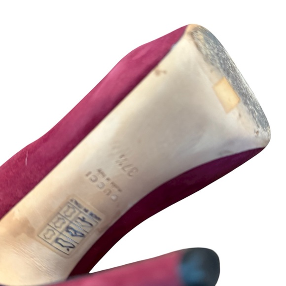 Gucci Suede Peep Toe Platform Pumps Burgundy Stiletto Heel EU 37.5 US 7.5 - Picture 13 of 14